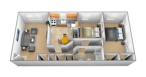 Floor plan for 2 beds, 1 bath, 930 sqft